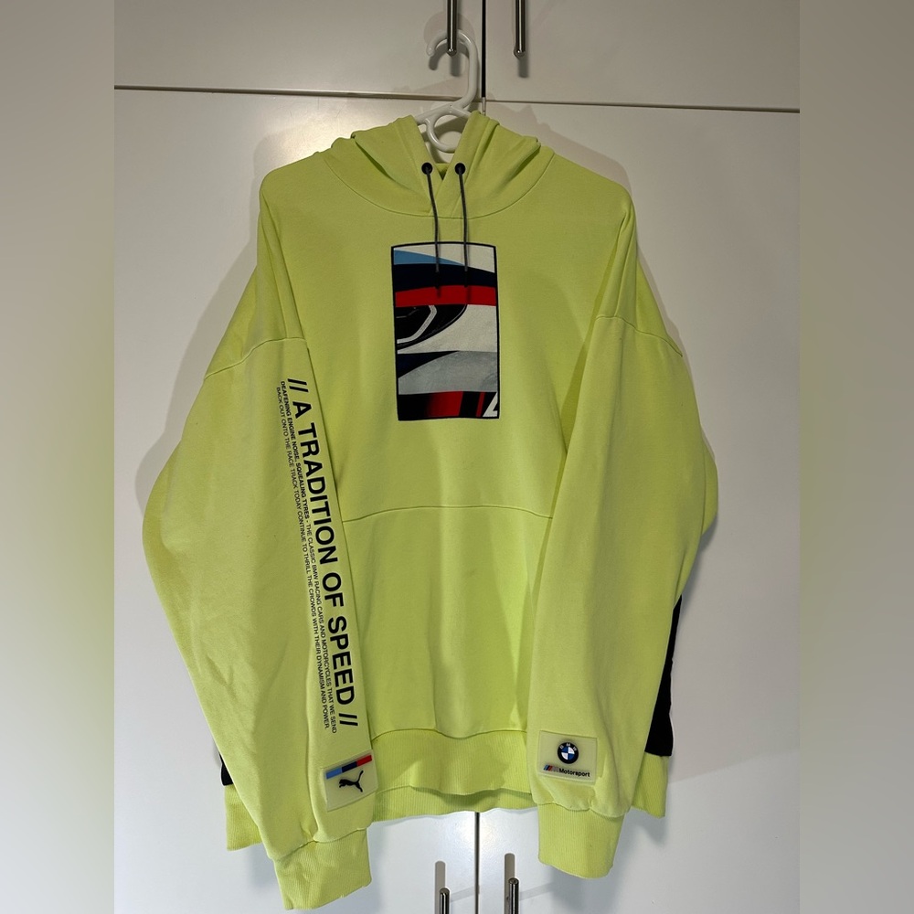 Puma BMW M Motorsport Streetcar Graphic Pullover Racing Hoodie Neon Green Mens L